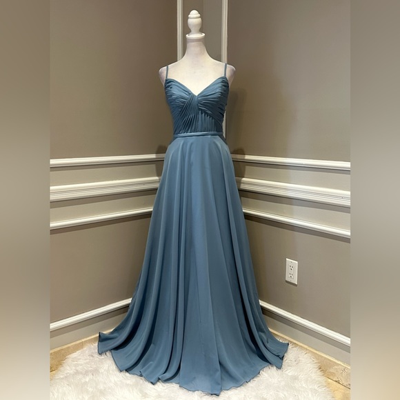 Brideside Cher dusty blue women’s chiffon spaghetti strap formal evening dress - Picture 2 of 16